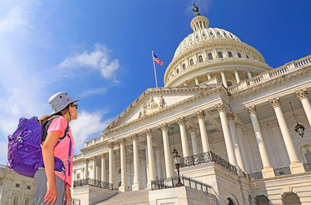 A person standing in front of the White House